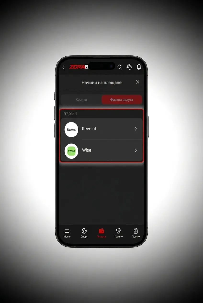 Теглене чрез приложението ZoraBet на смартфон с портфейл и методи като VISA и Revolut