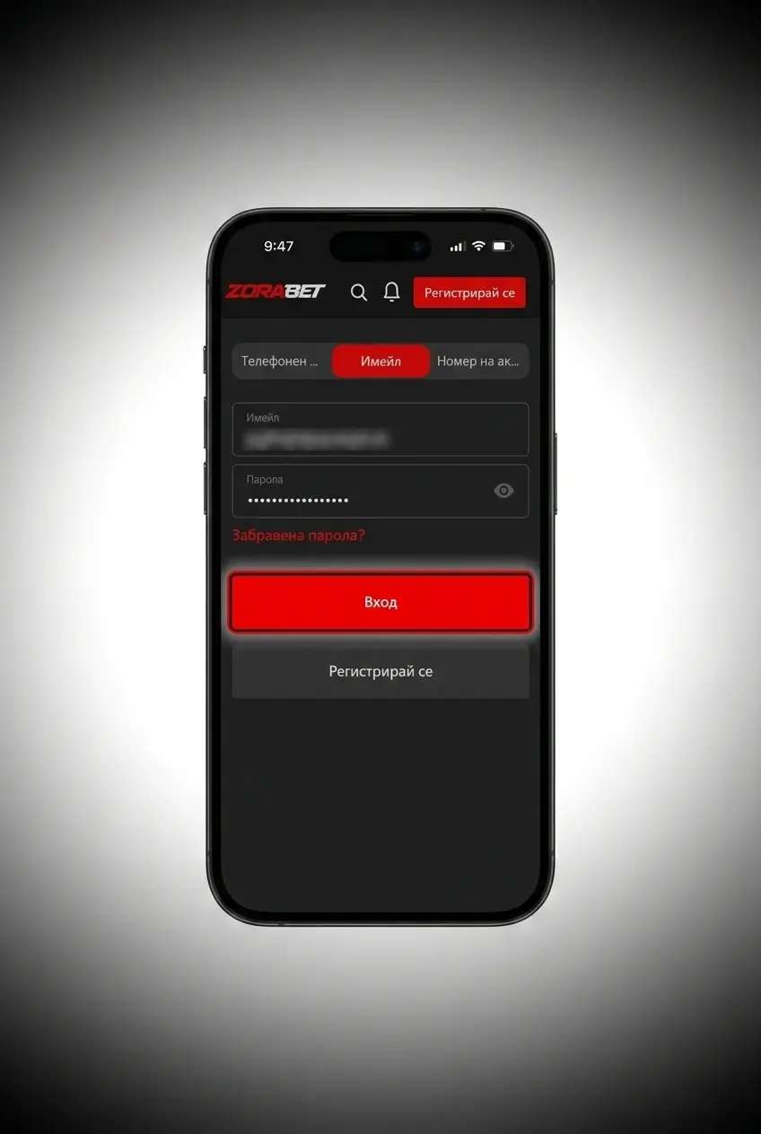 Теглене чрез приложението ZoraBet на смартфон с портфейл и методи като VISA и Revolut